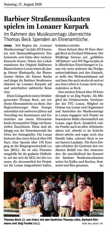 Spende an ehrenamtliche Mitbürger 2019